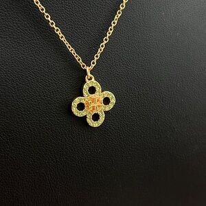 Tory Burch Gold Clover Pendant Necklace with Green Stones - Women Jewelry